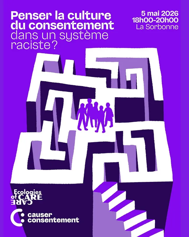 Affiche violette, labyrinthe et escalier, conférence à la Sorbonne