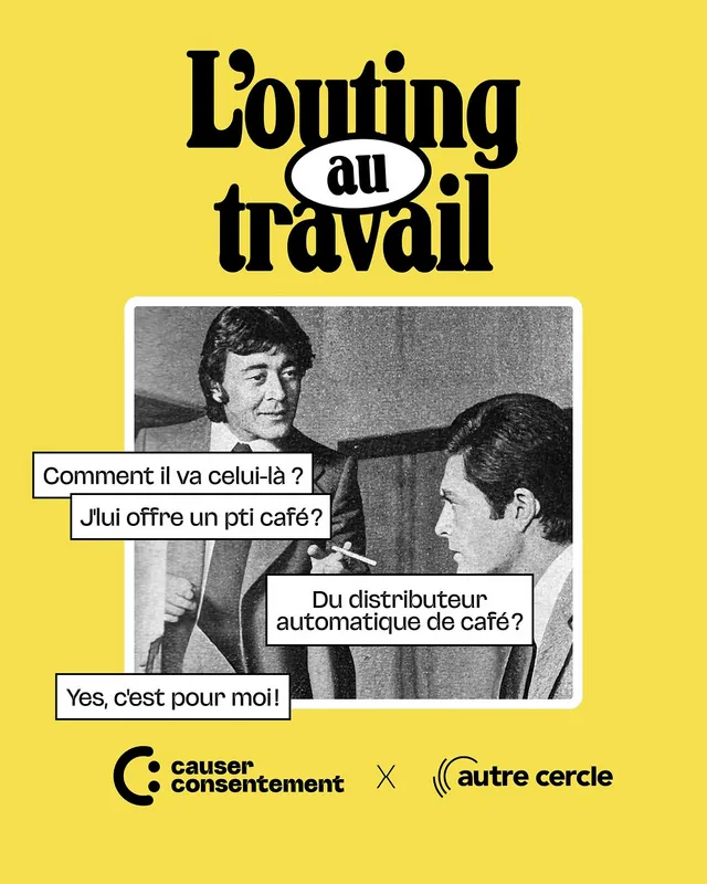 Visuel « L'outing au travail », roman-photo sur fond jaune
