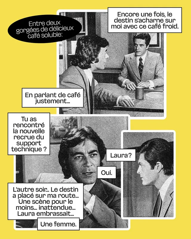 Planche de roman-photo en noir et blanc sur fond jaune